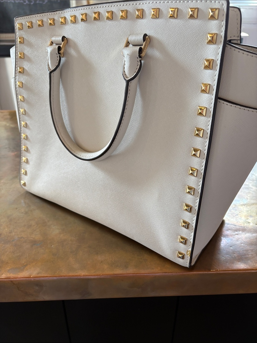 MICHAEL KORS Cream Studded Saffiano Satchel with Gold Hardware - Picture 2 of 3
